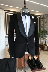 Minimalist Black Corduroy Shawl Collar Two-Piece Wedding Suit