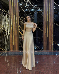 Minimalist Long A-line Off-The-Shoulder Sleeveless Formal Dress with Rhinestones