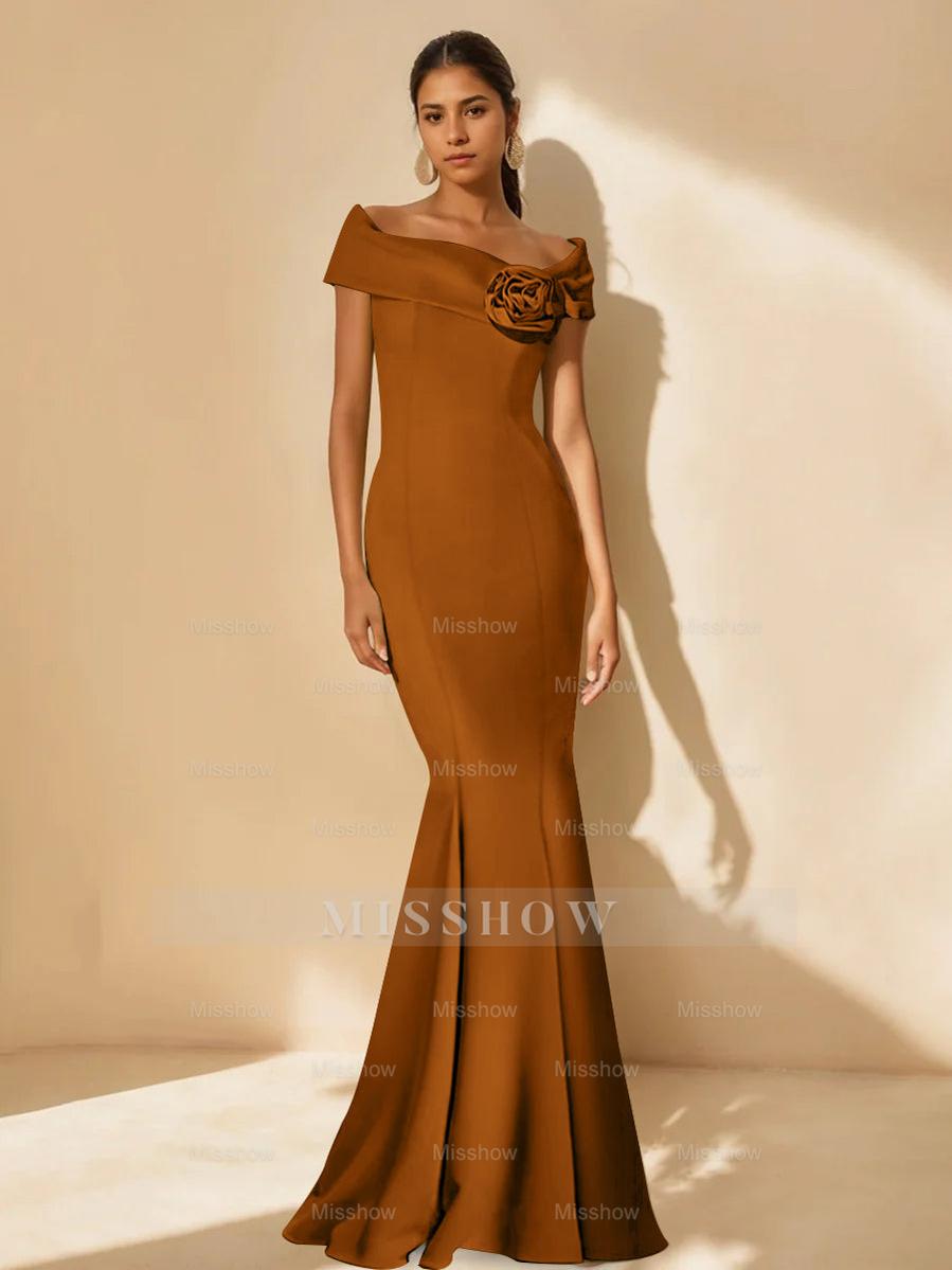 Minimalist Off-the-Shoulder Mother of the Bride Dresses in Trumpet/Mermaid Style with Detachable Flower