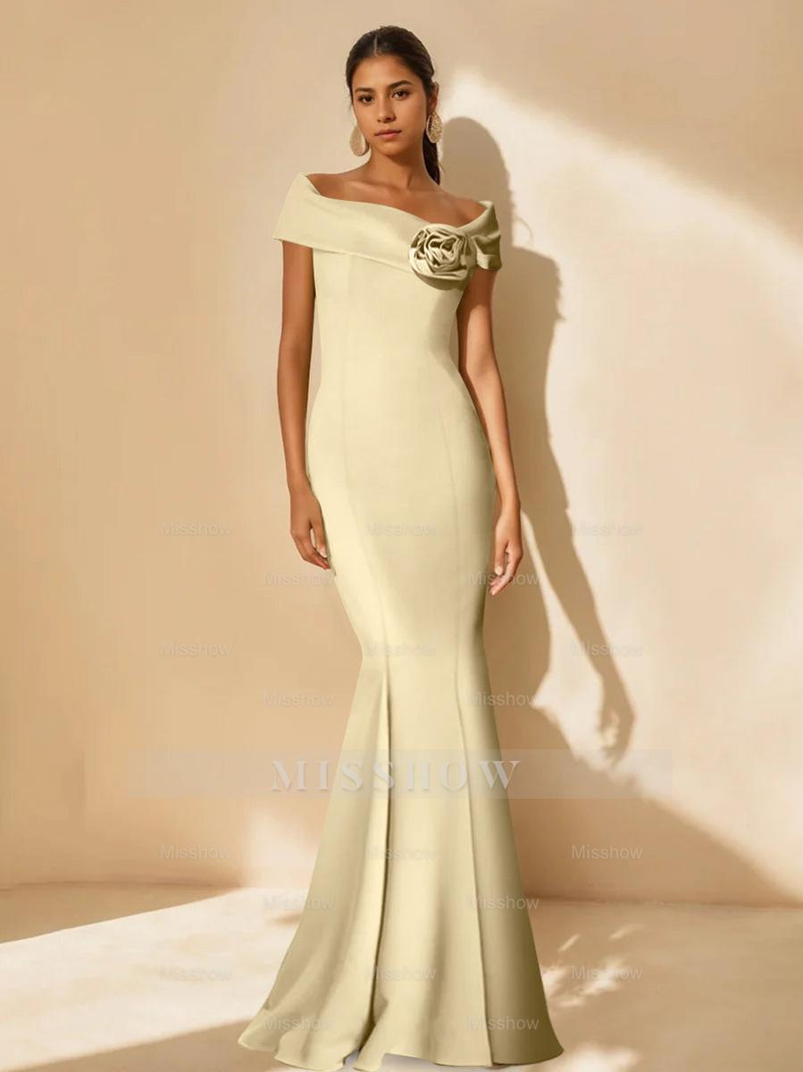 Minimalist Off-the-Shoulder Mother of the Bride Dresses in Trumpet/Mermaid Style with Detachable Flower
