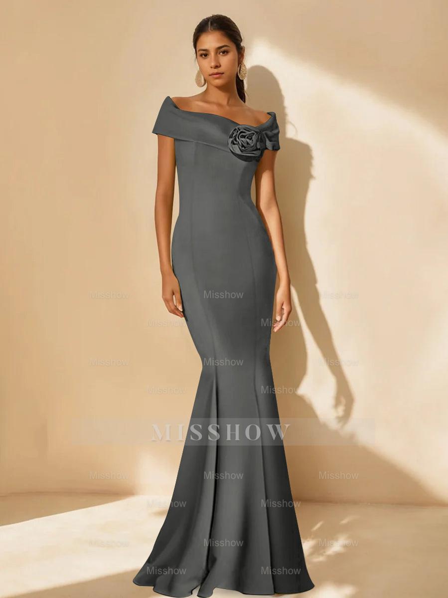 Minimalist Off-the-Shoulder Mother of the Bride Dresses in Trumpet/Mermaid Style with Detachable Flower