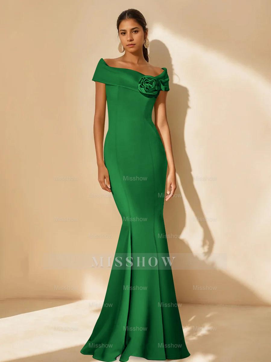 Minimalist Off-the-Shoulder Mother of the Bride Dresses in Trumpet/Mermaid Style with Detachable Flower