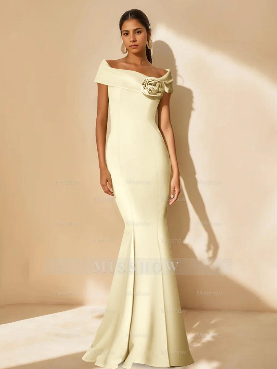 Minimalist Off-the-Shoulder Mother of the Bride Dresses in Trumpet/Mermaid Style with Detachable Flower