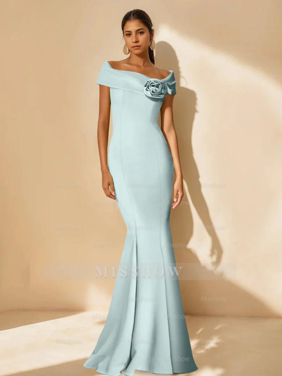 Minimalist Off-the-Shoulder Mother of the Bride Dresses in Trumpet/Mermaid Style with Detachable Flower