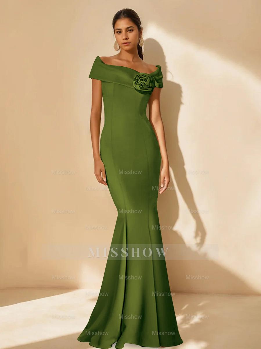 Minimalist Off-the-Shoulder Mother of the Bride Dresses in Trumpet/Mermaid Style with Detachable Flower