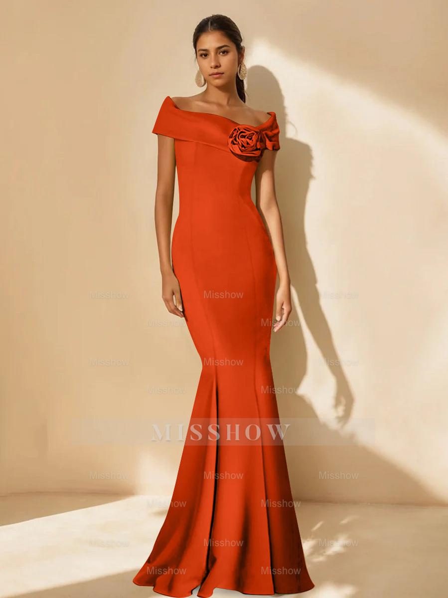 Minimalist Off-the-Shoulder Mother of the Bride Dresses in Trumpet/Mermaid Style with Detachable Flower