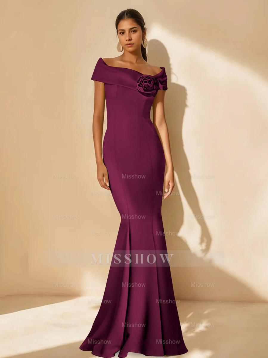 Minimalist Off-the-Shoulder Mother of the Bride Dresses in Trumpet/Mermaid Style with Detachable Flower