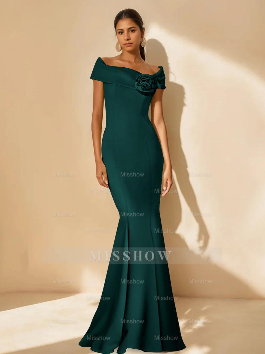 Minimalist Off-the-Shoulder Mother of the Bride Dresses in Trumpet/Mermaid Style with Detachable Flower