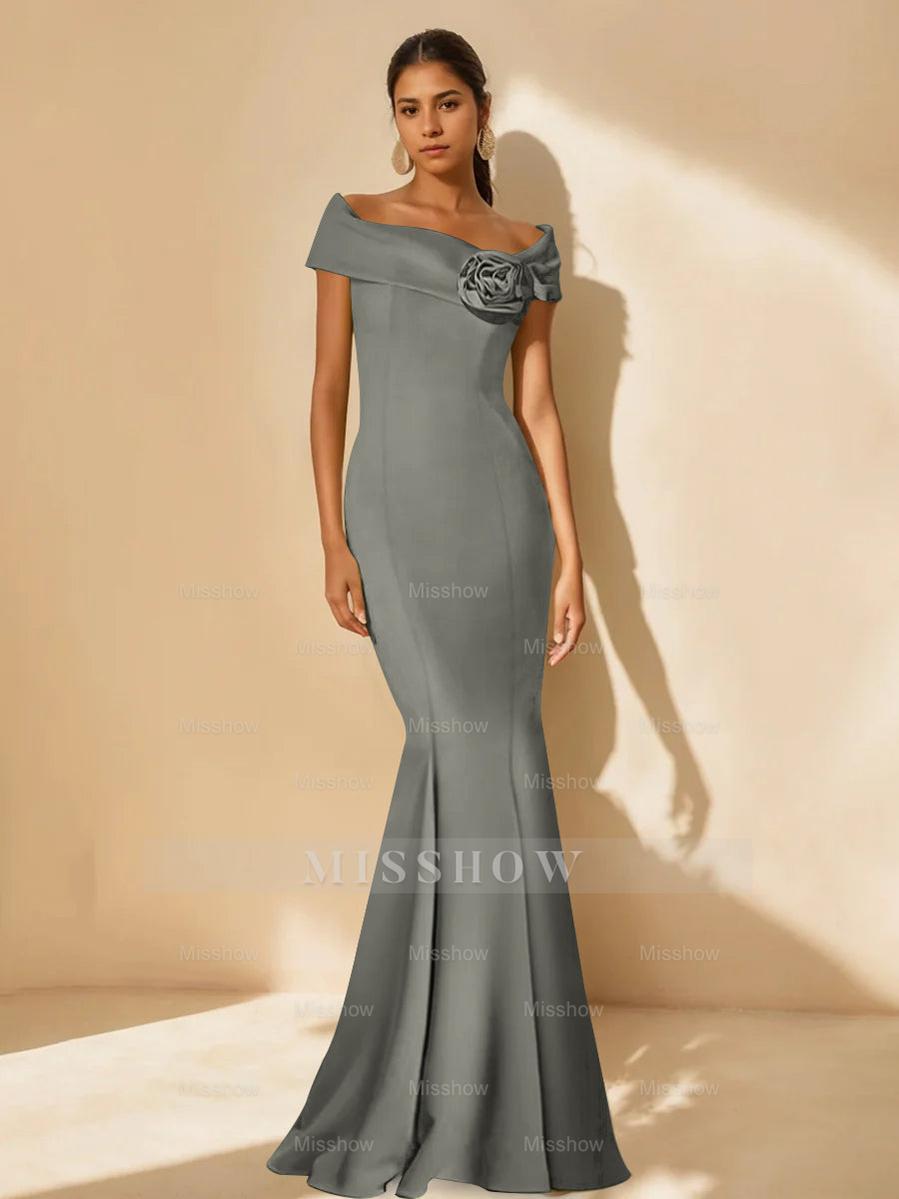 Minimalist Off-the-Shoulder Mother of the Bride Dresses in Trumpet/Mermaid Style with Detachable Flower