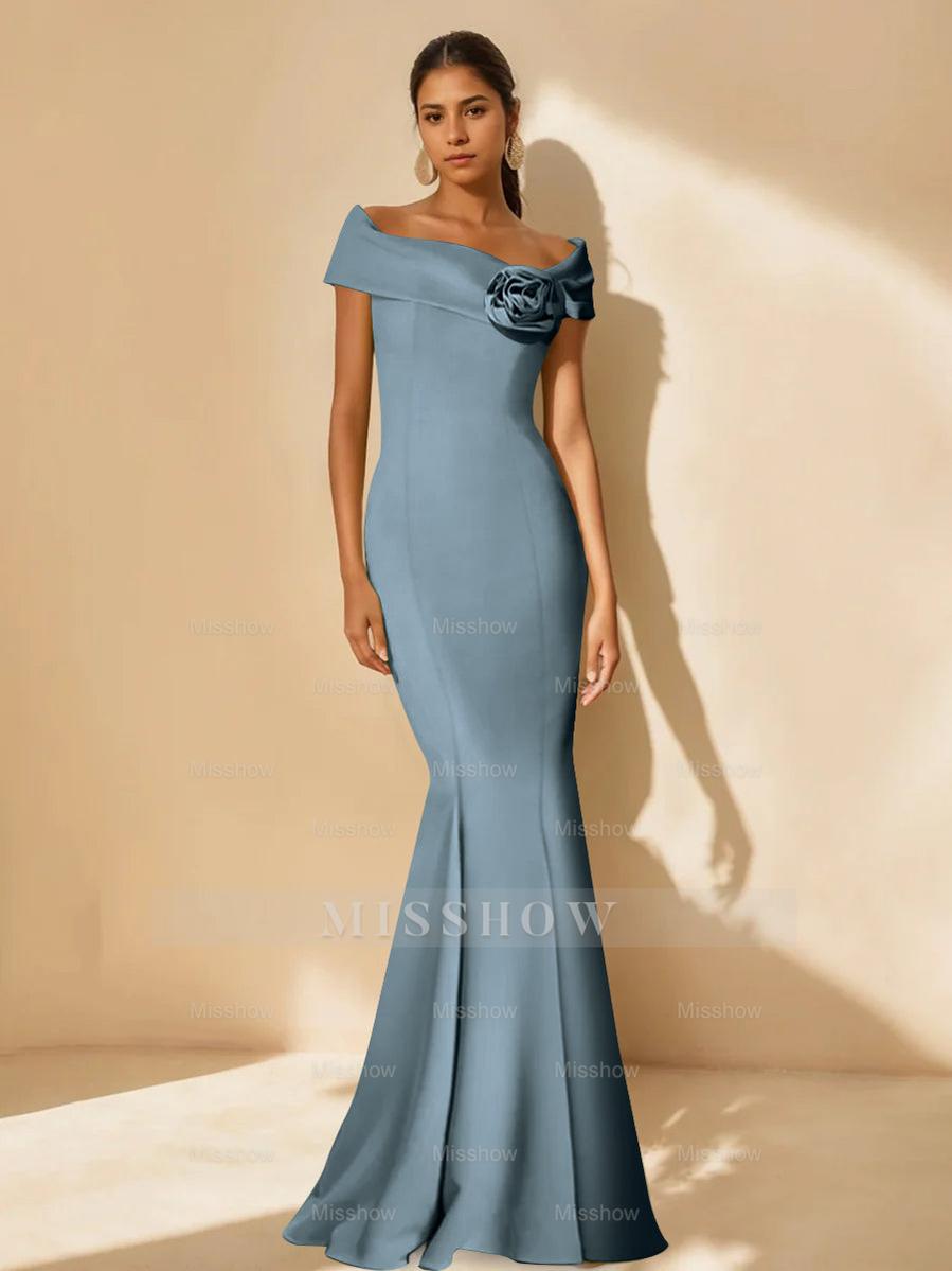 Minimalist Off-the-Shoulder Mother of the Bride Dresses in Trumpet/Mermaid Style with Detachable Flower