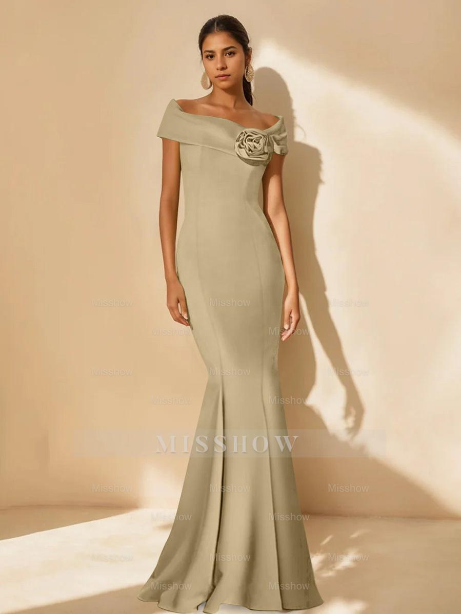 Minimalist Off-the-Shoulder Mother of the Bride Dresses in Trumpet/Mermaid Style with Detachable Flower
