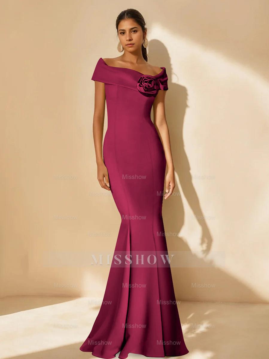 Minimalist Off-the-Shoulder Mother of the Bride Dresses in Trumpet/Mermaid Style with Detachable Flower