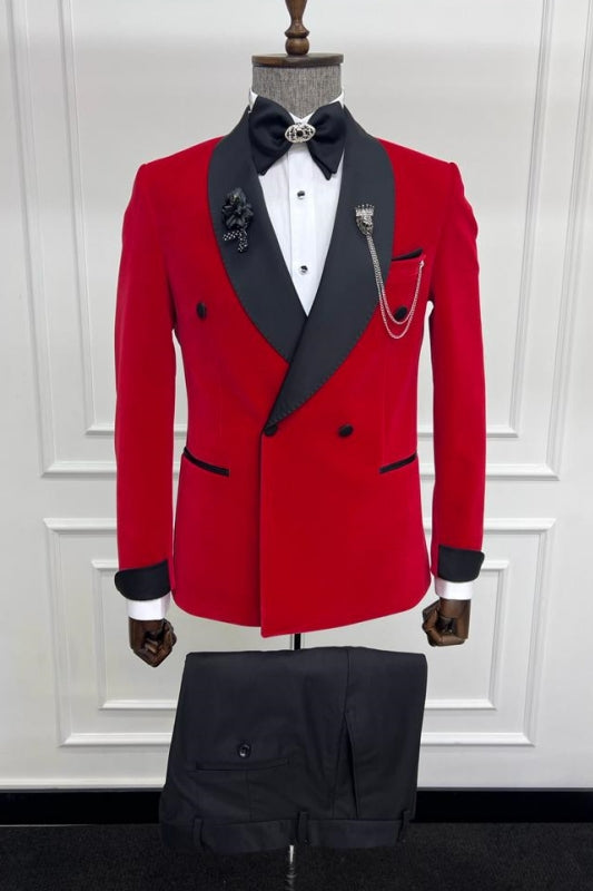 Minimalist Red Shawl Collar Double Breasted Groom's Wedding Suit