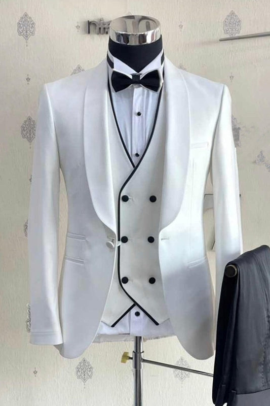Minimalist White Shawl Collar Three-Piece Groom's Suit