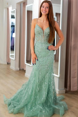 Mint Green Lace Embroidered Mermaid Evening Dress Spaghetti Straps Sheer Corset Bodice Open Back Lace-Up Formal Gown with Train