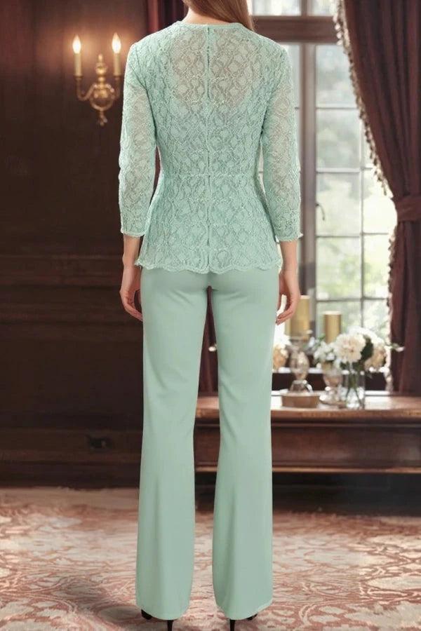 Mint Green Lace Sequin Mother of the Bride Pant Suit Three Piece 3/4 Sleeve Jacket Square Neck Top Wide Leg Trousers