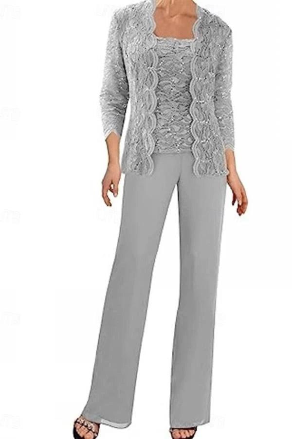 Mint Green Lace Sequin Mother of the Bride Pant Suit Three Piece 3/4 Sleeve Jacket Square Neck Top Wide Leg Trousers