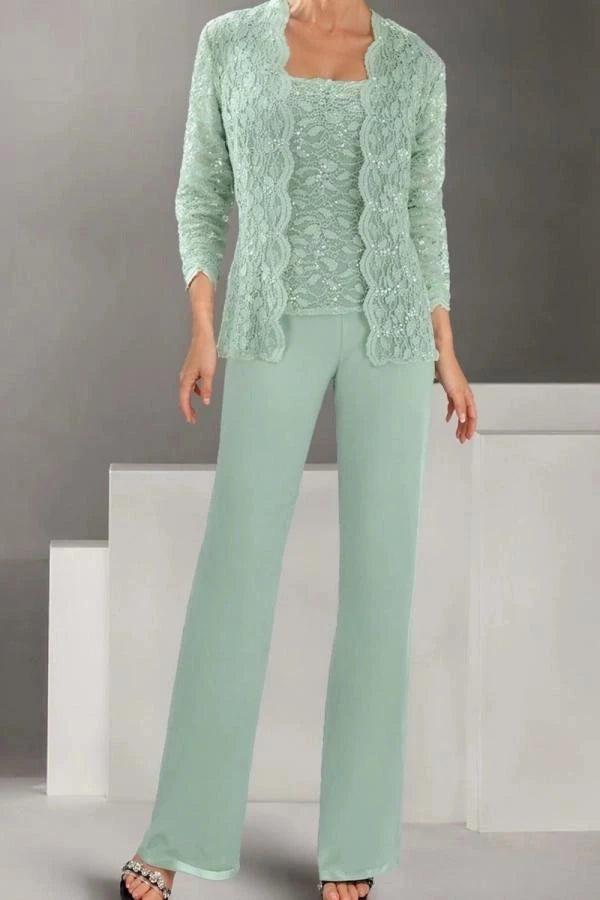 Mint Green Lace Sequin Mother of the Bride Pant Suit Three Piece 3/4 Sleeve Jacket Square Neck Top Wide Leg Trousers