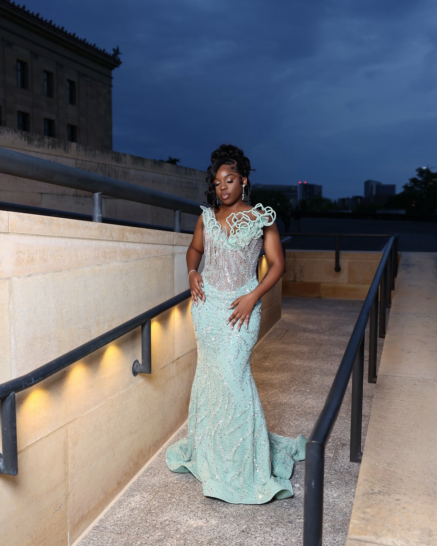 mint green mesh dress Mint Green Mermaid Prom Dress 3D Sculptural Rose Floral Collar Illusion  Boned Corset Crystal Fringe