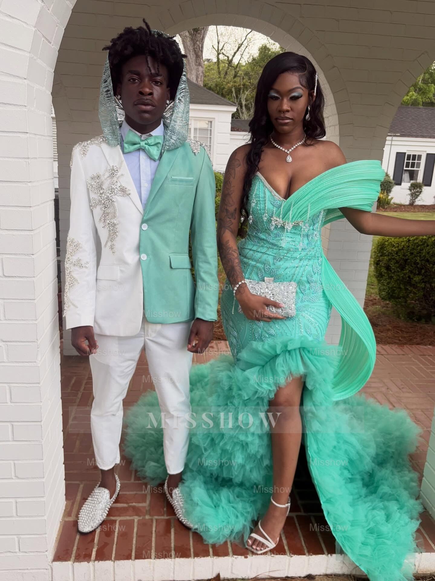 Mint Green Off Shoulder Prom Dress Beaded Mermaid Gown with Ruffles and Slit