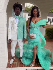 Mint Green Off Shoulder Prom Dress Beaded Mermaid Gown with Ruffles and Slit