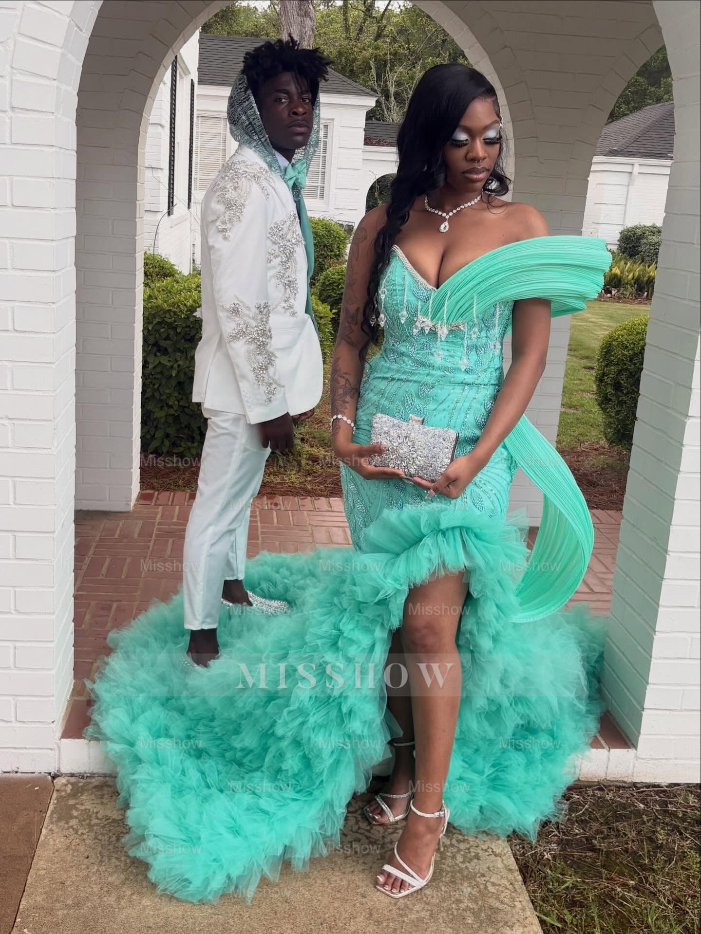 Mint Green Off Shoulder Prom Dress Beaded Mermaid Gown with Ruffles and Slit