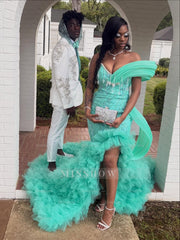 Mint Green Off Shoulder Prom Dress Beaded Mermaid Gown with Ruffles and Slit