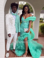 Mint Green Off Shoulder Prom Dress Beaded Mermaid Gown with Ruffles and Slit