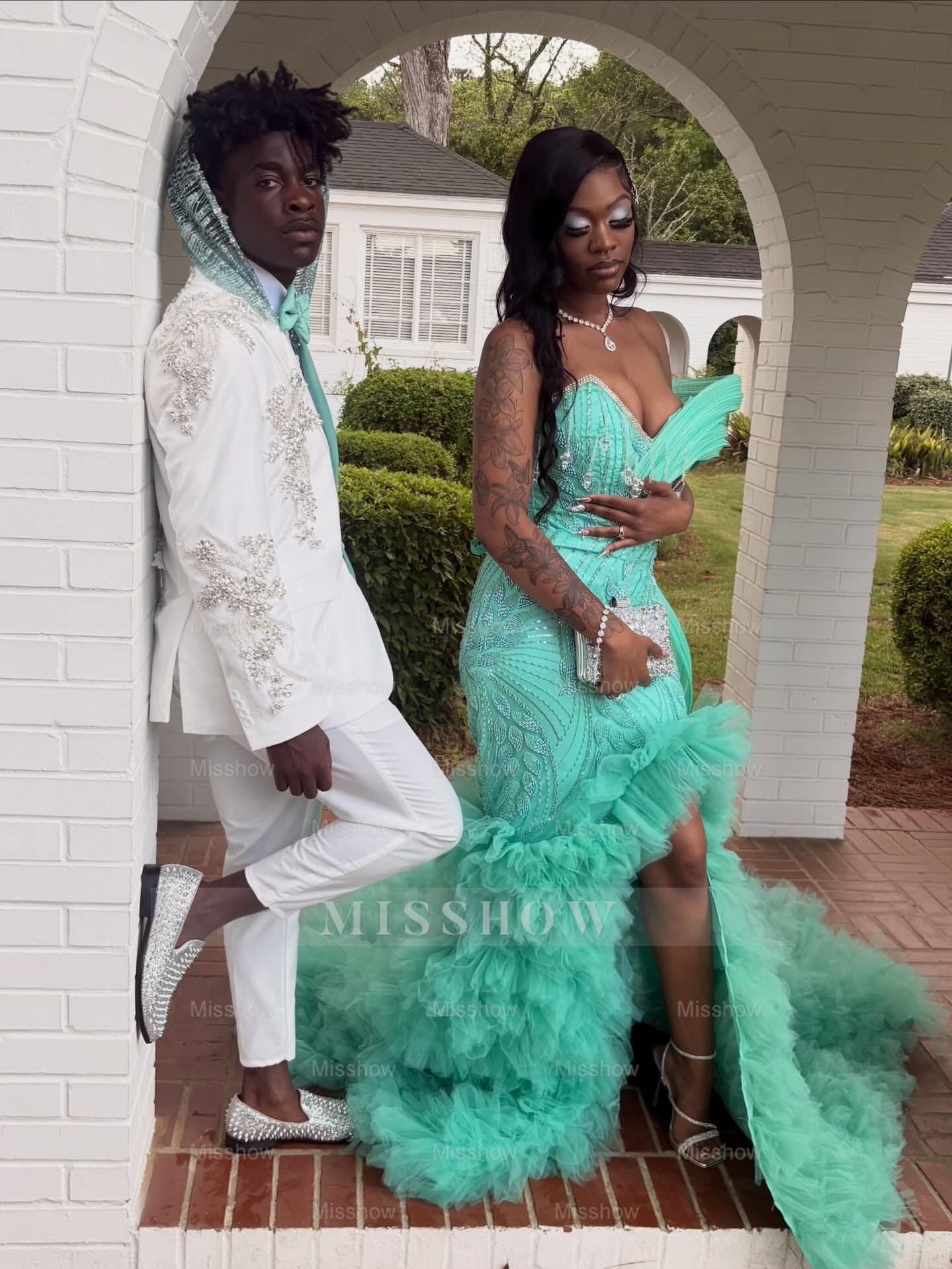 Mint Green Off Shoulder Prom Dress Beaded Mermaid Gown with Ruffles and Slit
