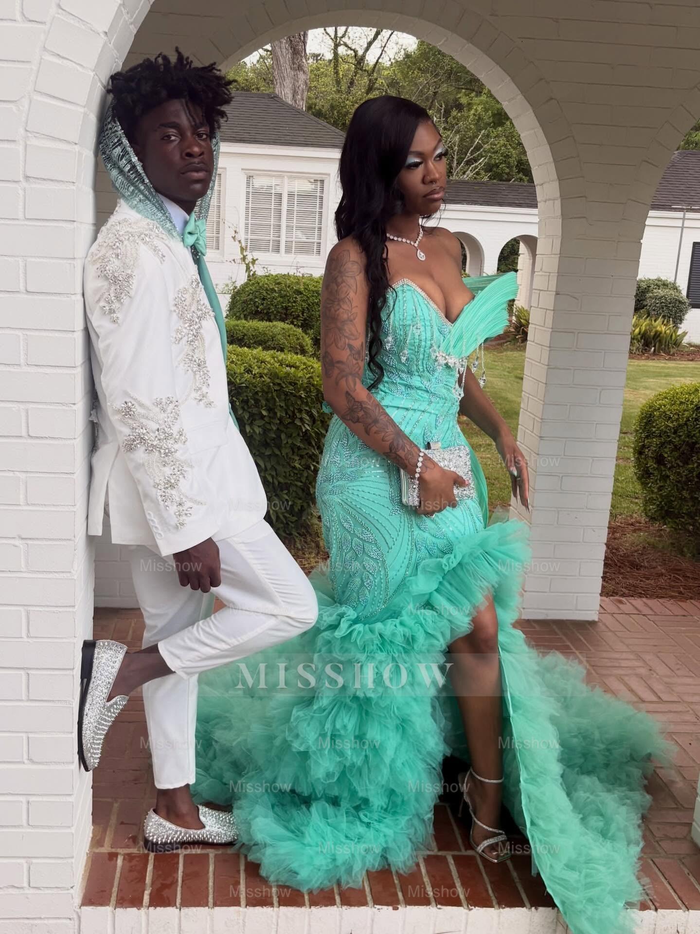 Mint Green Off Shoulder Prom Dress Beaded Mermaid Gown with Ruffles and Slit