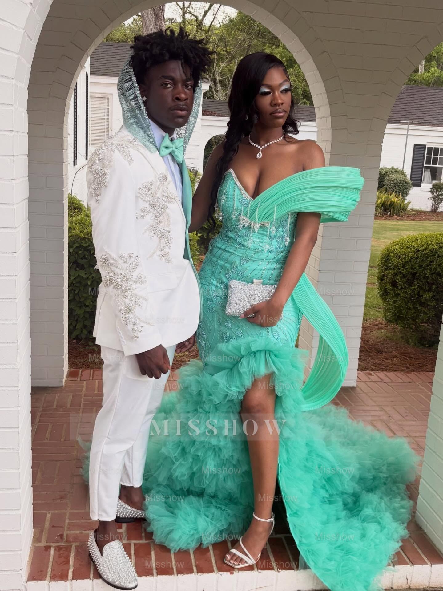Mint Green Off Shoulder Prom Dress Beaded Mermaid Gown with Ruffles and Slit
