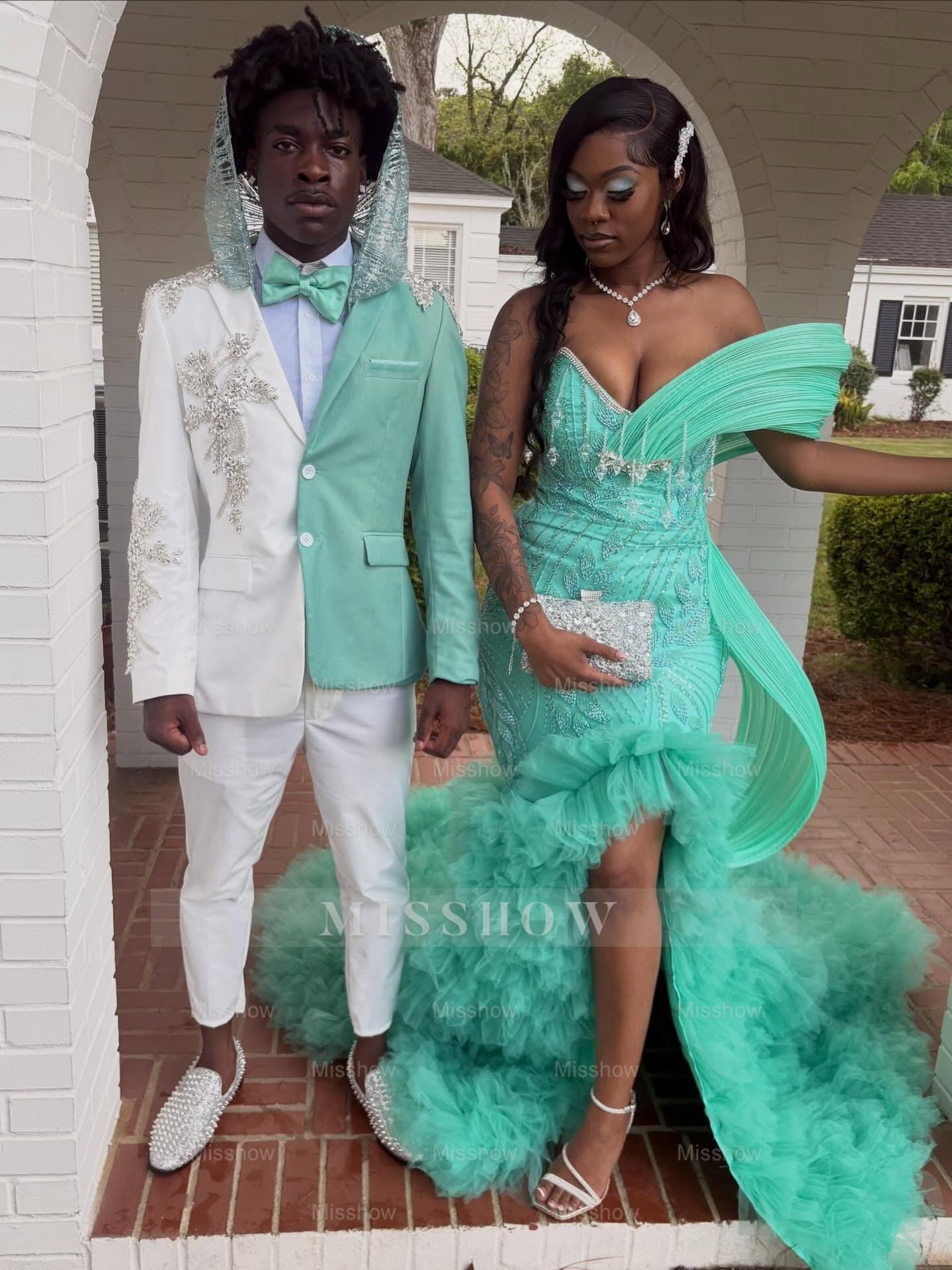 Mint Green Off Shoulder Prom Dress Beaded Mermaid Gown with Ruffles and Slit