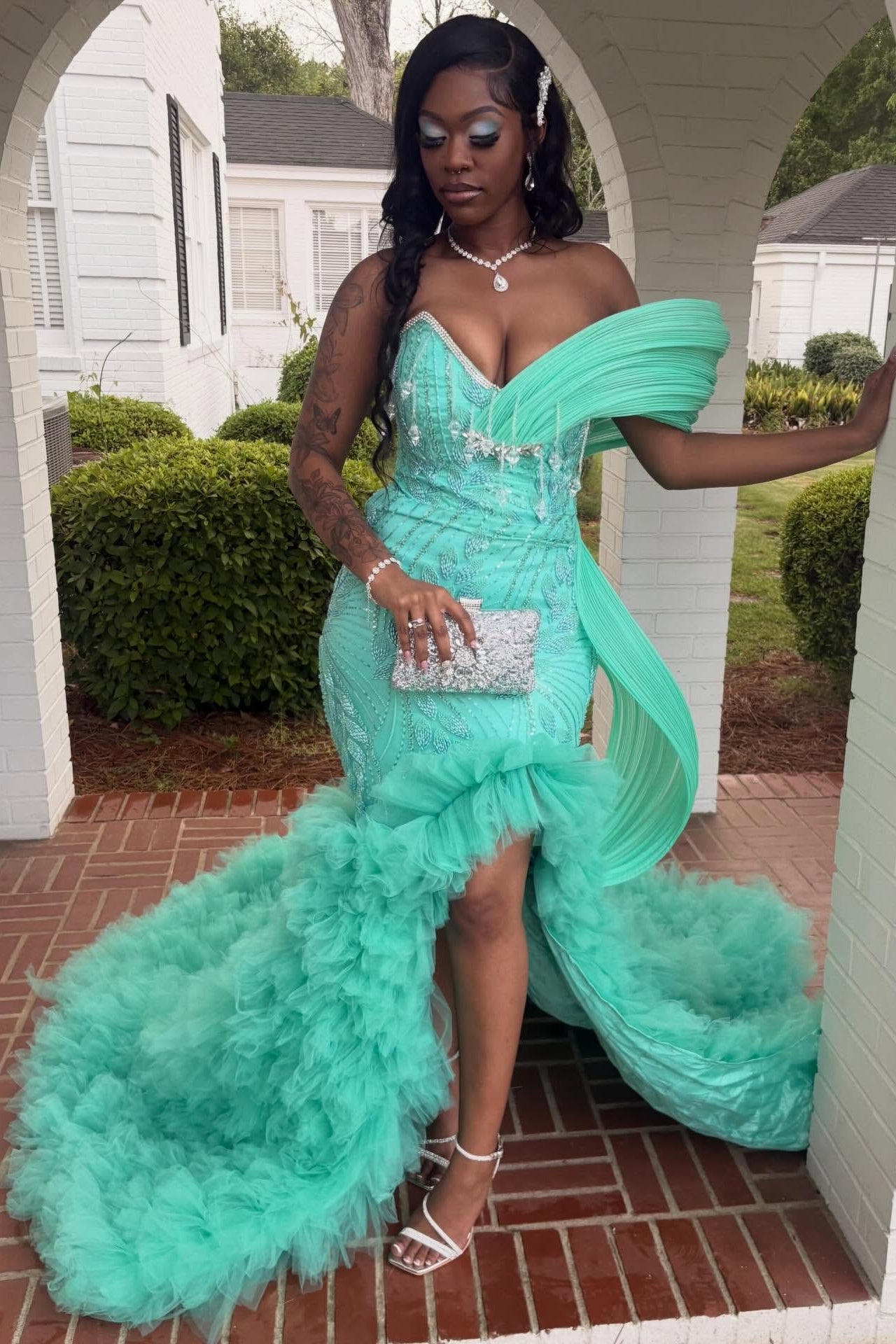 Mint Green Off Shoulder Prom Dress Beaded Mermaid Gown with Ruffles and Slit
