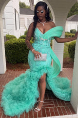 Mint Green Off Shoulder Prom Dress Beaded Mermaid Gown with Ruffles and Slit