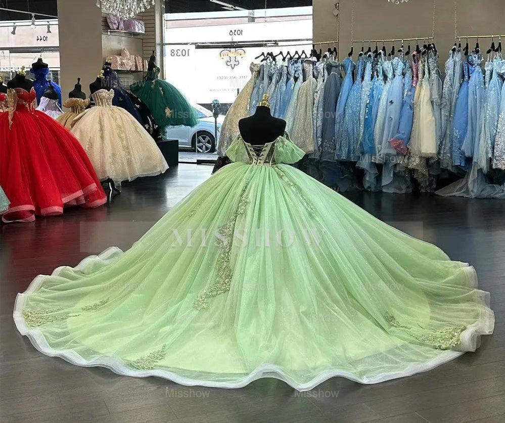 Mint Green Off-Shoulder Short Sleeve Beaded Applique Ruffles Ball Gown Quinceanera Dress