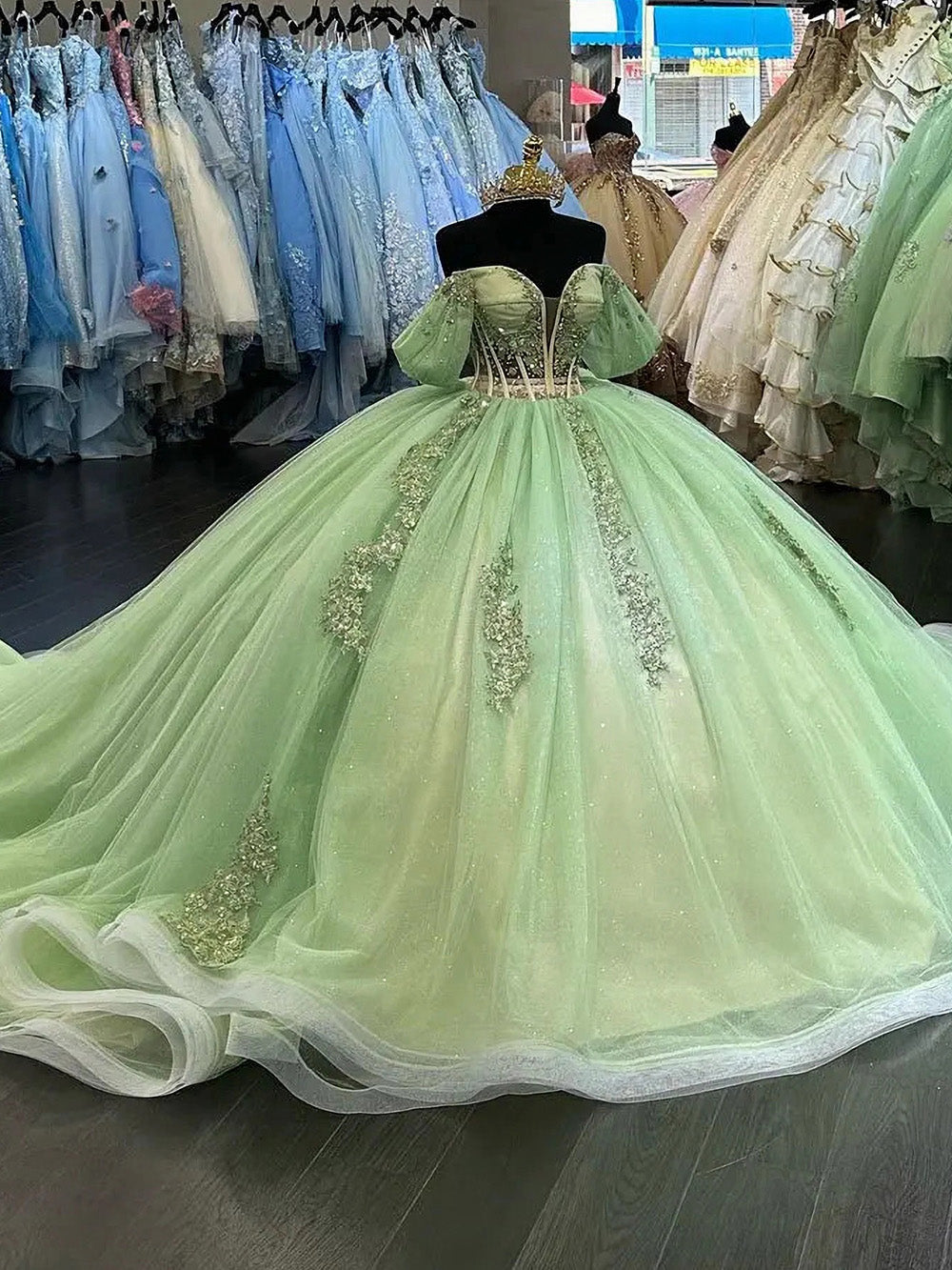 Mint Green Off-Shoulder Short Sleeve Beaded Applique Ruffles Ball Gown Quinceanera Dress