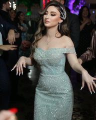 Mint Green Off-the-shoulder Sleeveless Mermaid Sequined Beaded Floor Formal Evening Gown