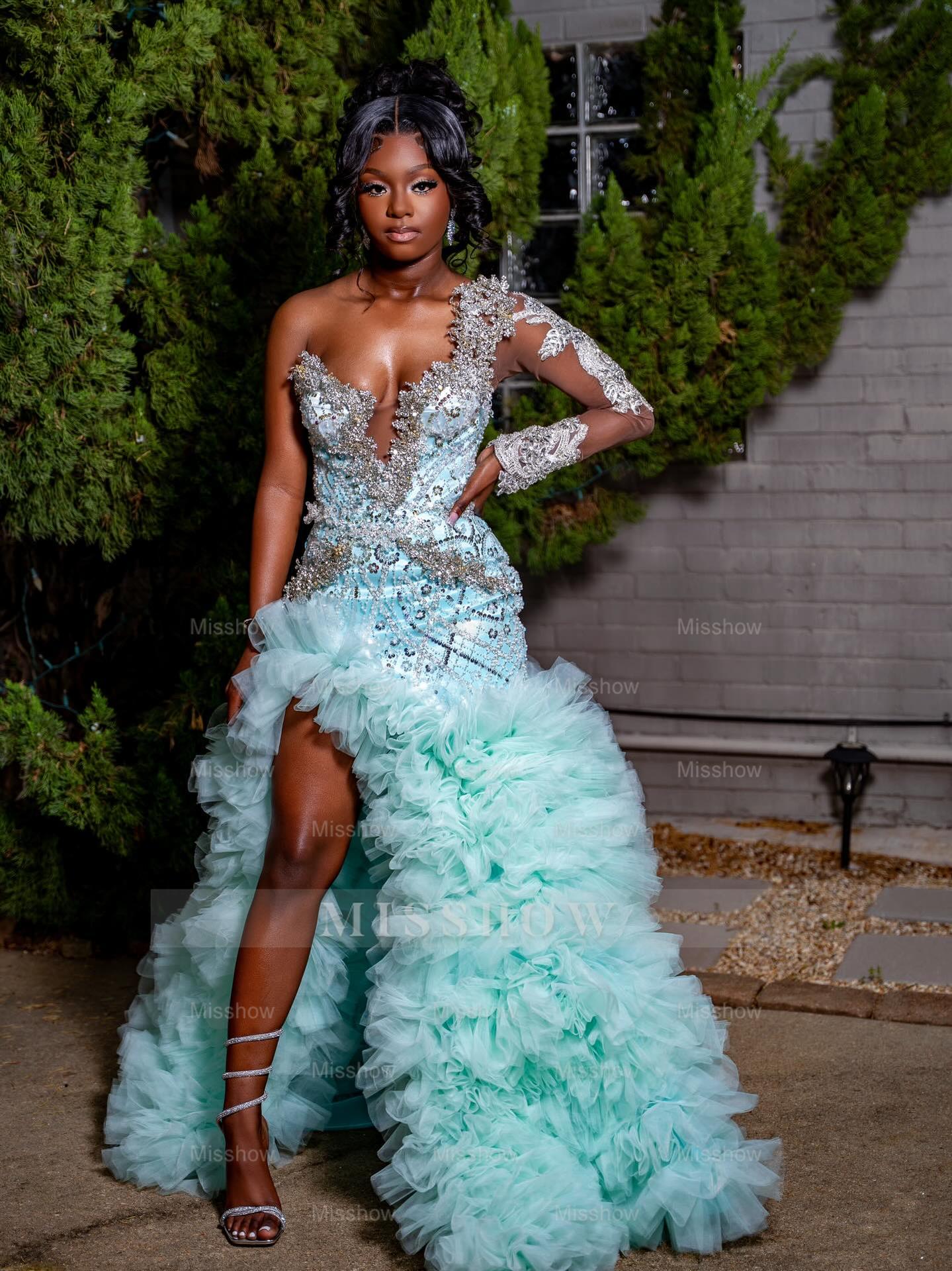 Mint Green One Shoulder Prom Dress Beaded Ruffle Gown with Long Sleeve and Slit