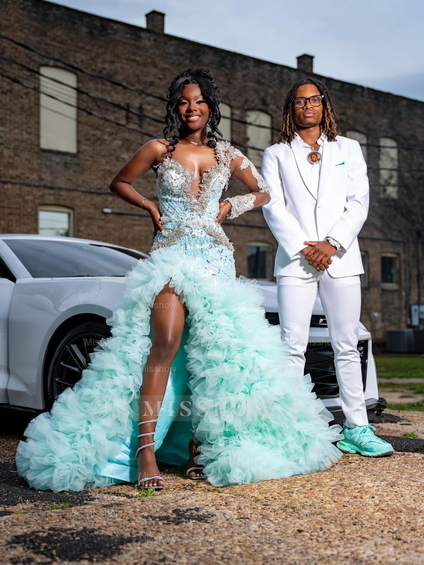 Mint Green One Shoulder Prom Dress Beaded Ruffle Gown with Long Sleeve and Slit