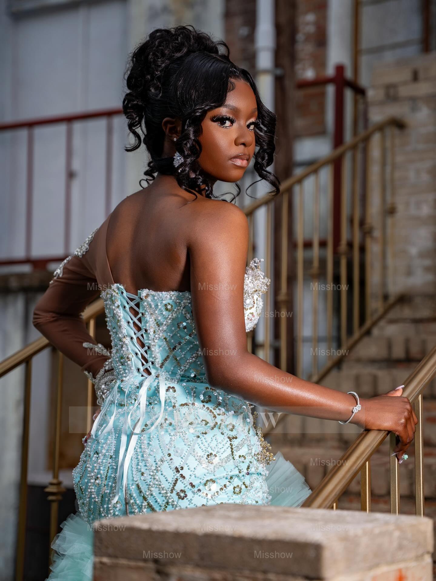 Mint Green One Shoulder Prom Dress Beaded Ruffle Gown with Long Sleeve and Slit