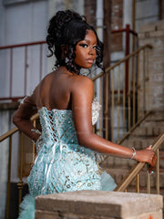 Mint Green One Shoulder Prom Dress Beaded Ruffle Gown with Long Sleeve and Slit