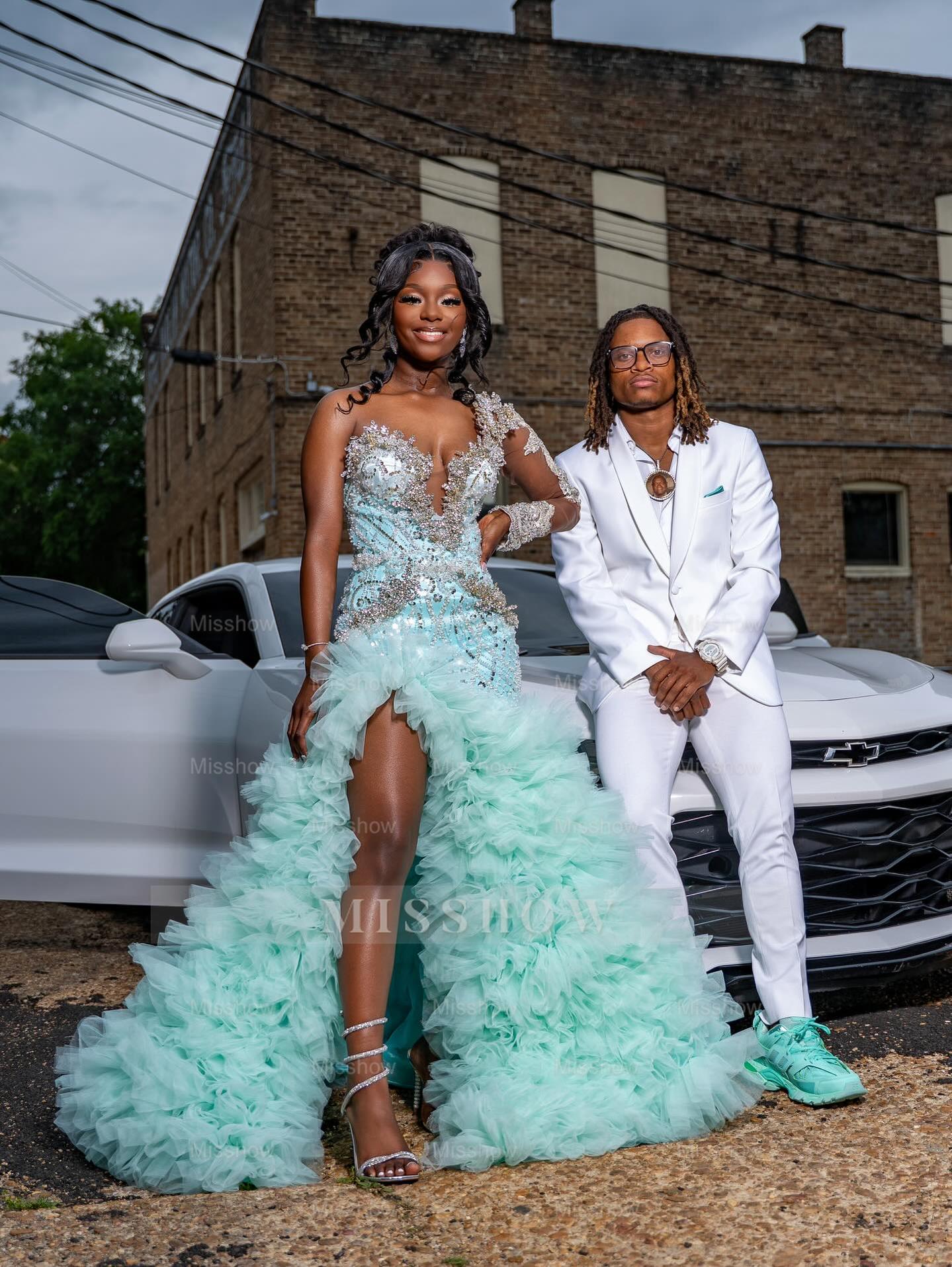 Mint Green One Shoulder Prom Dress Beaded Ruffle Gown with Long Sleeve and Slit