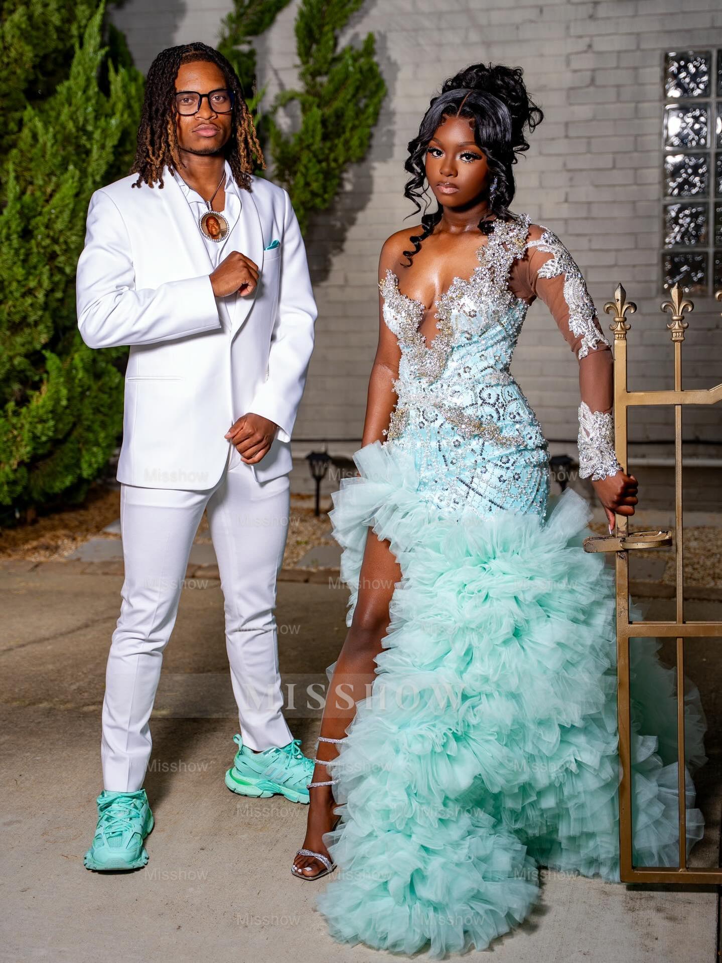 Mint Green One Shoulder Prom Dress Beaded Ruffle Gown with Long Sleeve and Slit