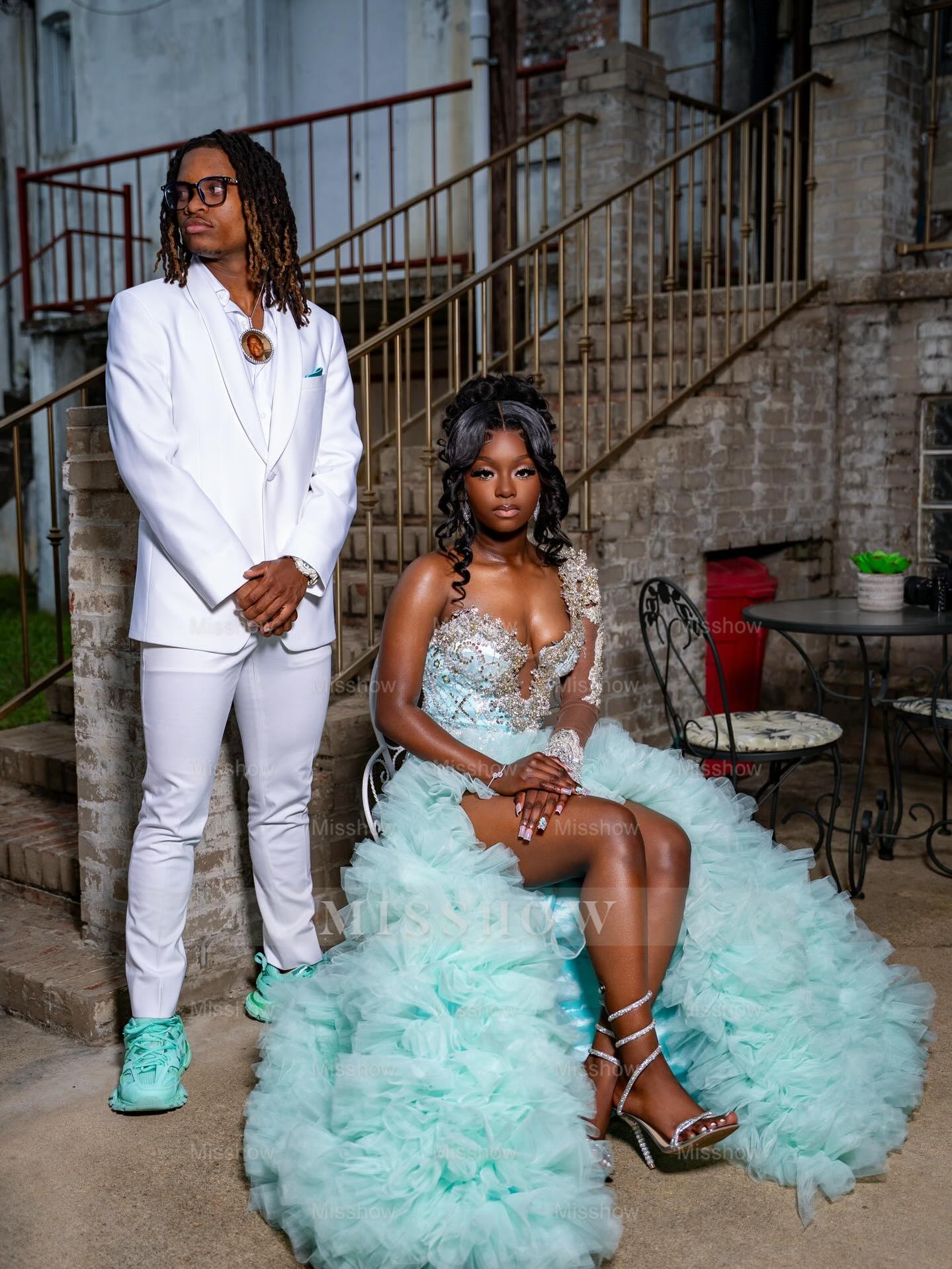 Mint Green One Shoulder Prom Dress Beaded Ruffle Gown with Long Sleeve and Slit