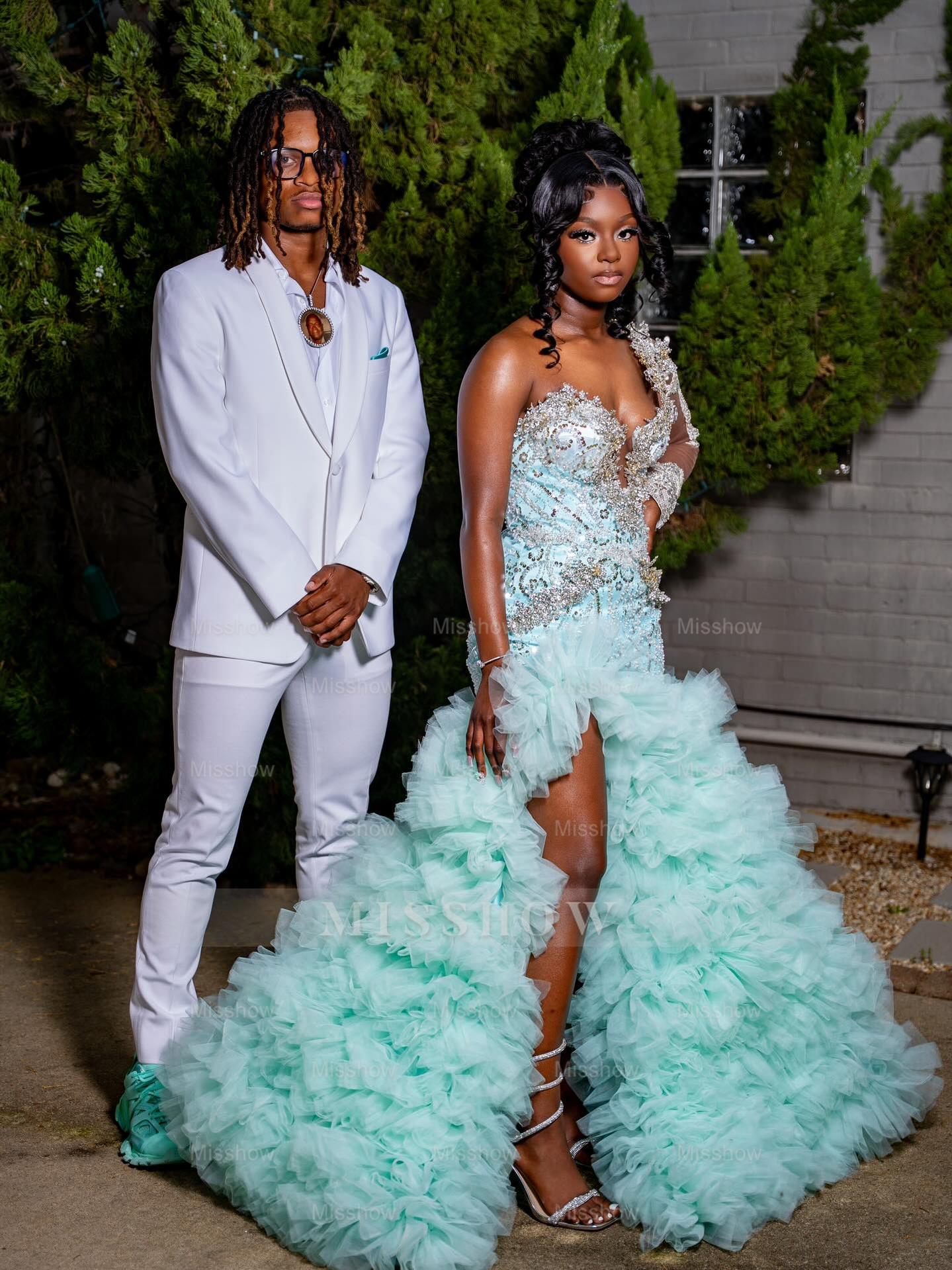 Mint Green One Shoulder Prom Dress Beaded Ruffle Gown with Long Sleeve and Slit