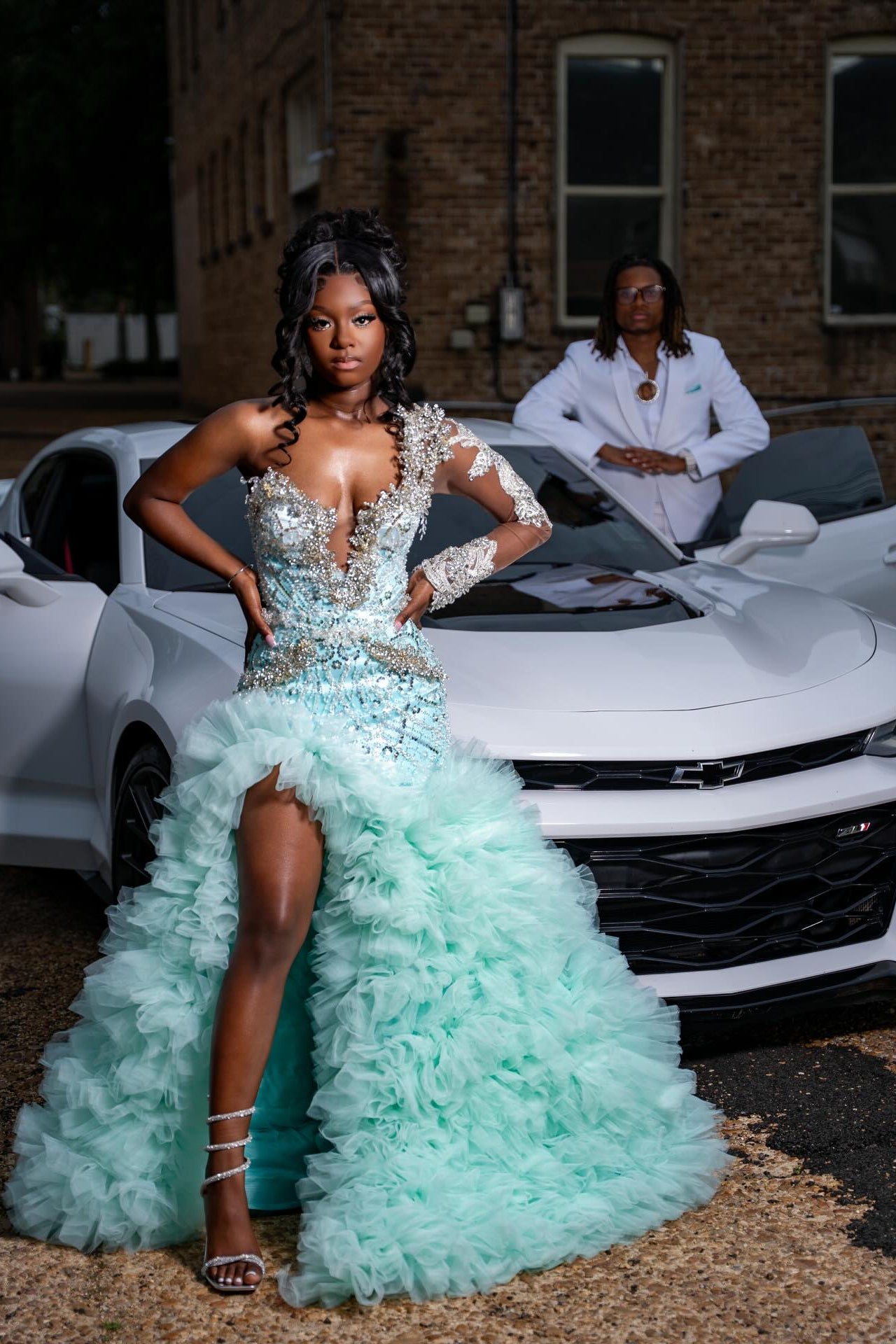 Mint Green One Shoulder Prom Dress Beaded Ruffle Gown with Long Sleeve and Slit