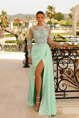 Mint Green Satin Long Sleeve Evening Gown Illusion Lace Crystal Beaded Bodice A-Line High Slit Draped Skirt Mother of the Bride