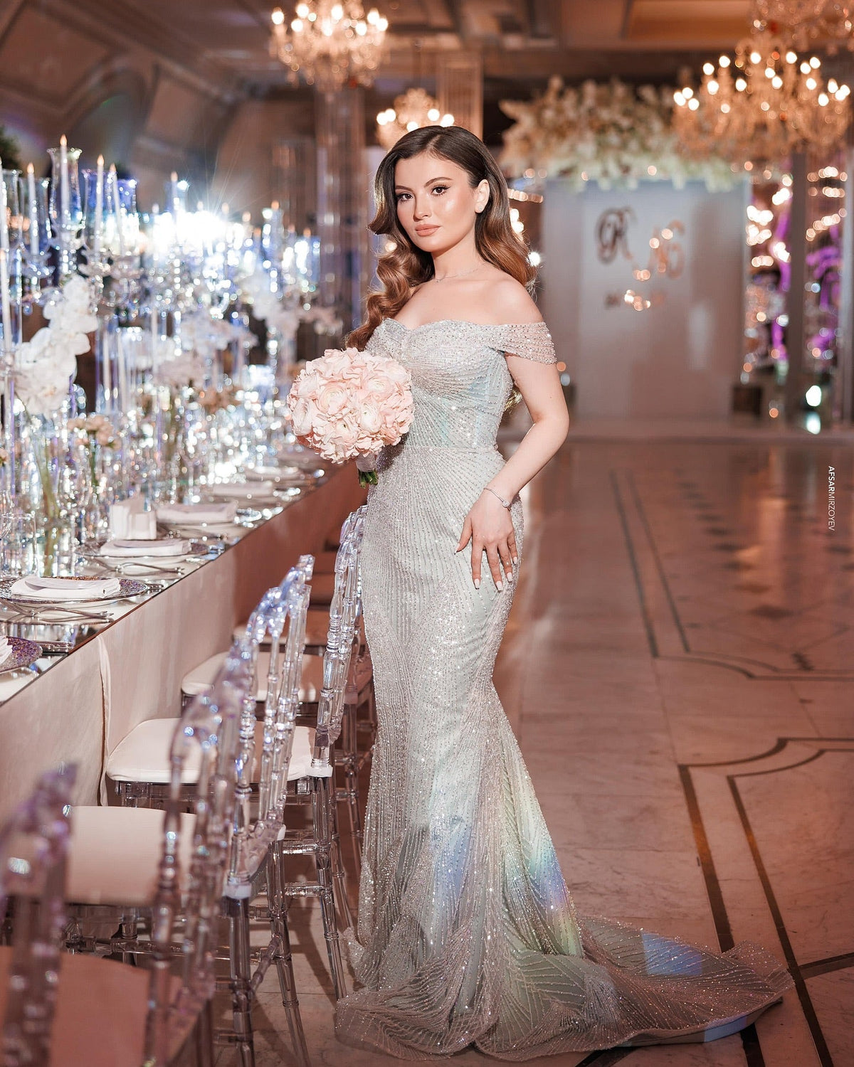 Mint Green Sequin Mermaid Formal Dress Off-the-Shoulder Heavy Beading Lace Up Back Sweep Train
