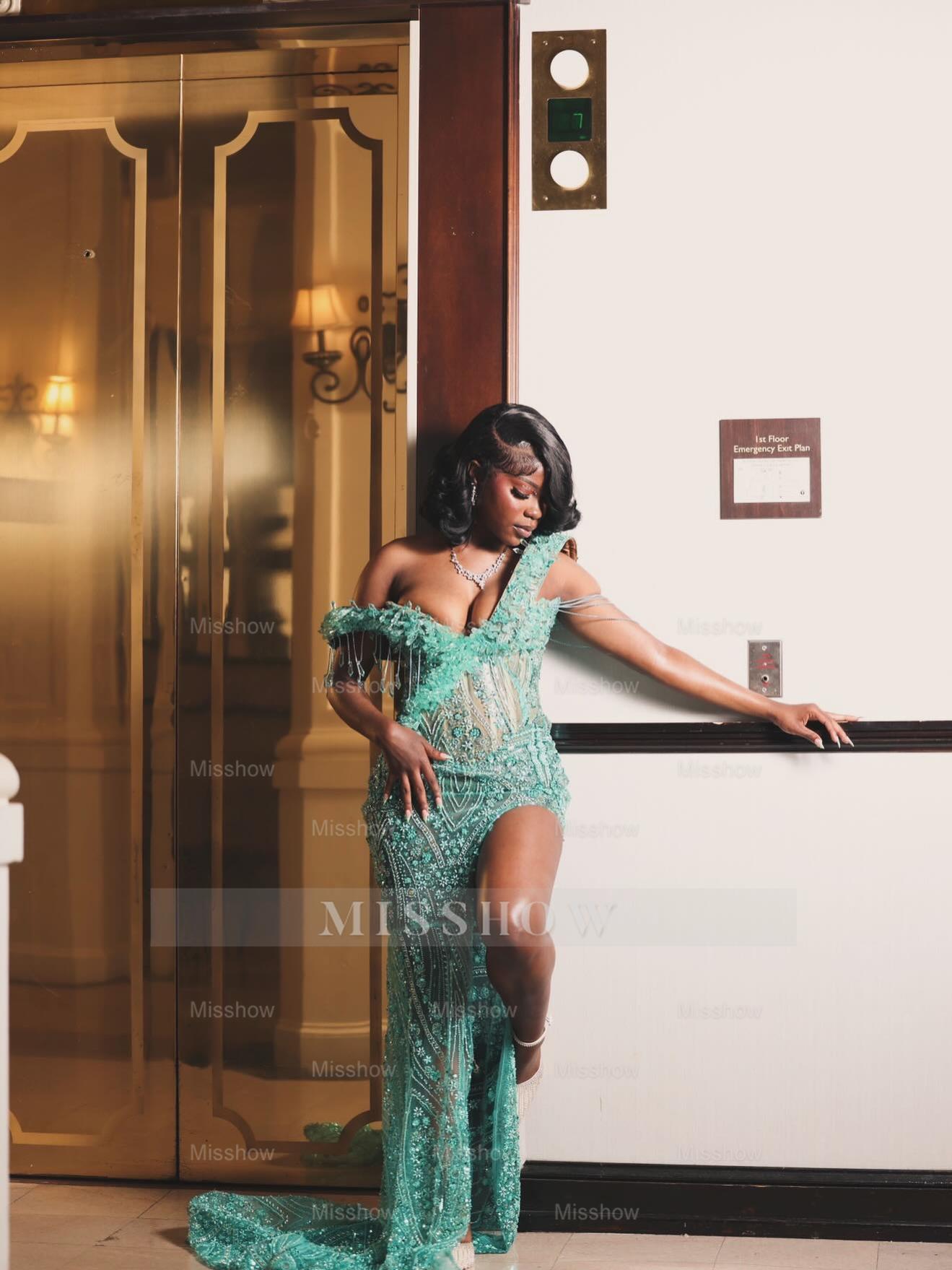 Mint green off-the-shoulder split-front mermaid prom dress