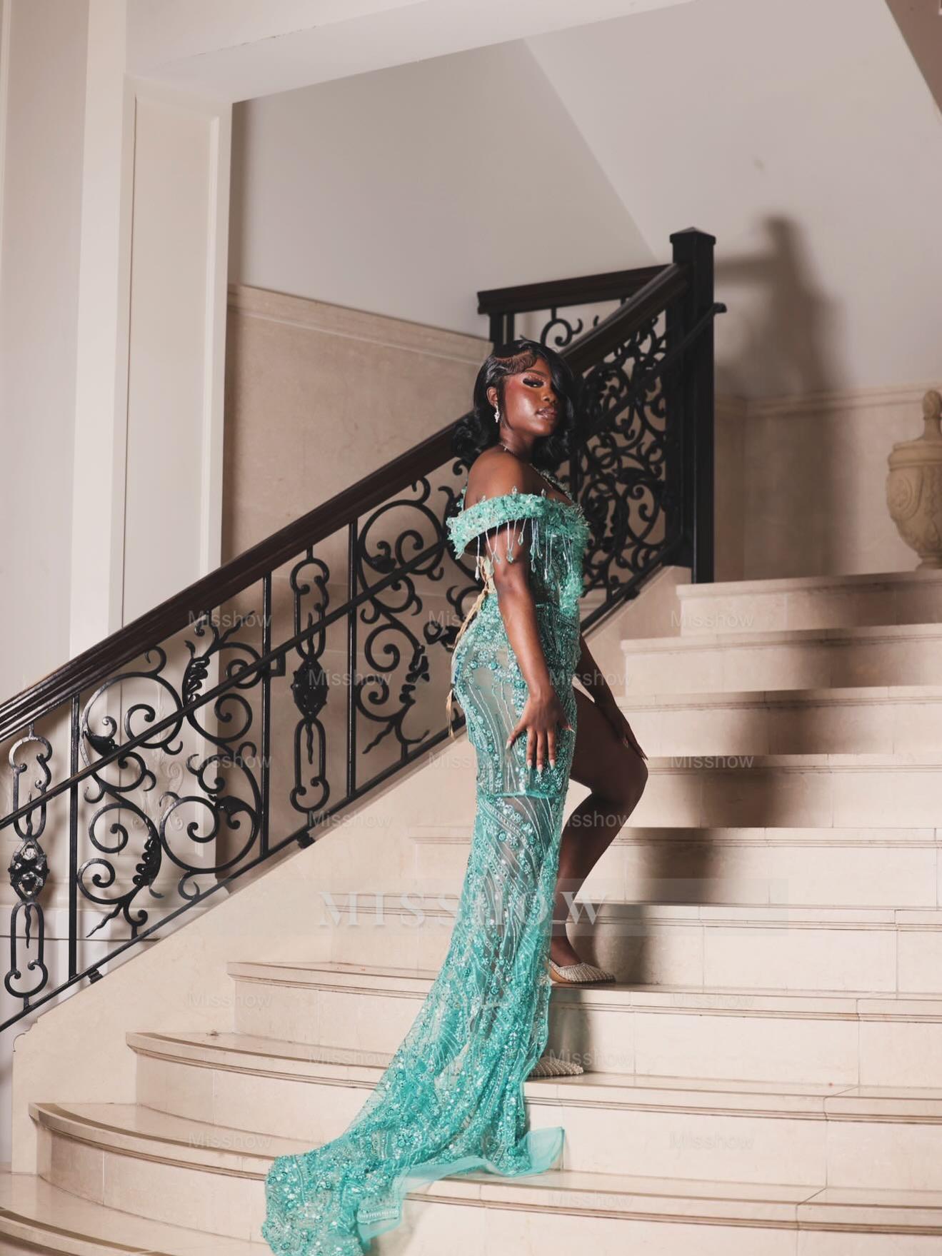 Turquoise off-the-shoulder split-front mermaid prom dress